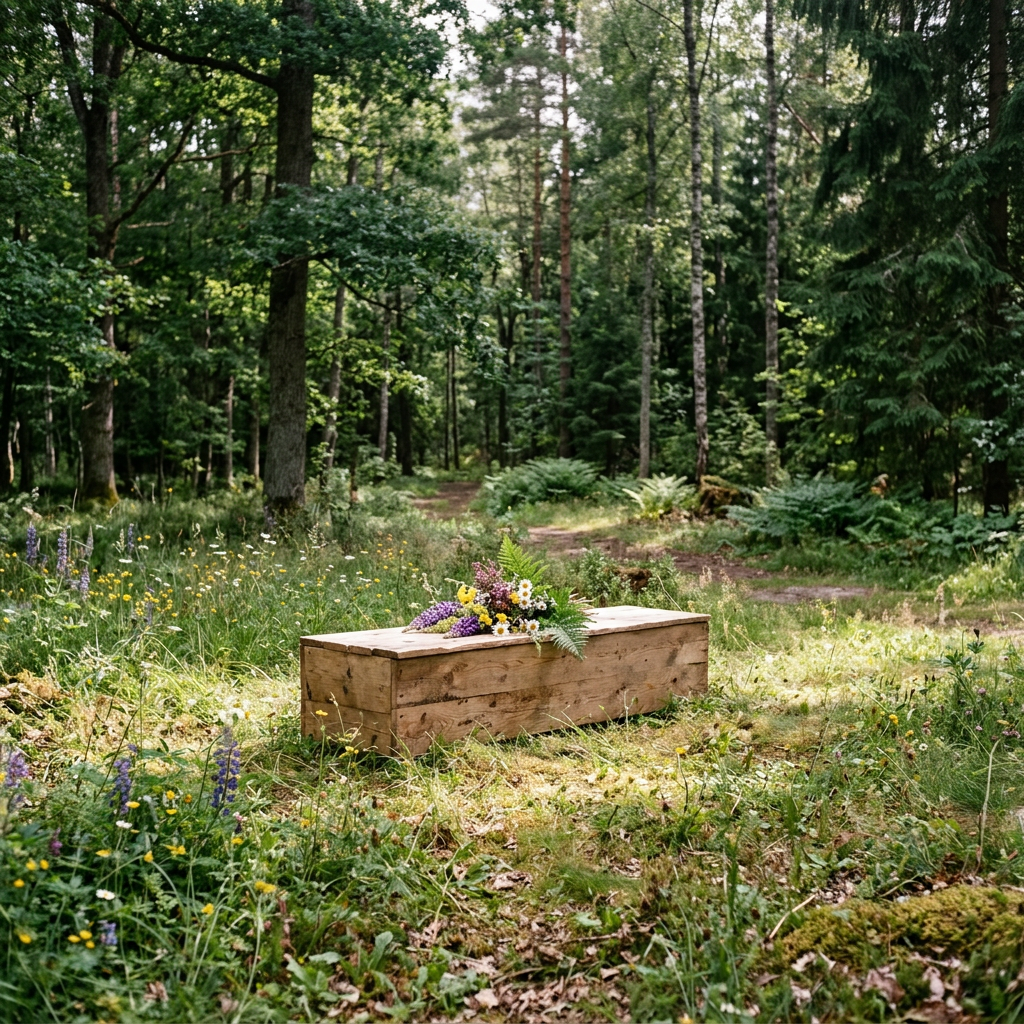 Wooden coffin with flower arrangement on grassy forest floor with trees